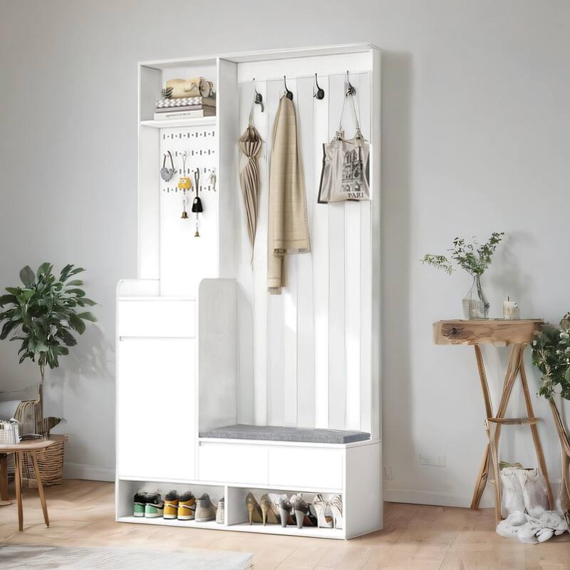 Entryway Coat Rack with Cushioned Storage Bench,4 Hooks and Pegboard - White