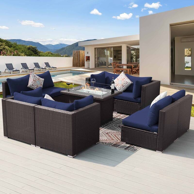 FINCATI Outdoor Wicker Patio Furniture Conversation Sectional Sofa Set - 9 PCS-A - Navy Blue