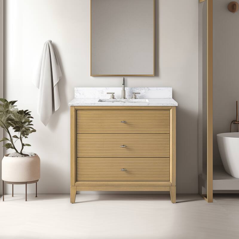 Vanity Art 36" Freestanding Bathroom Vanity with Engineered Marble Top and Sink - 36"/Brushed Nickel - Natural Oak