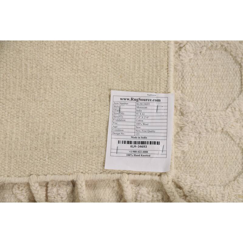 Geometric Moroccan Oriental Foyer Rug Hand-Knotted Ivory Wool Carpet - 2'0"x 3'0"