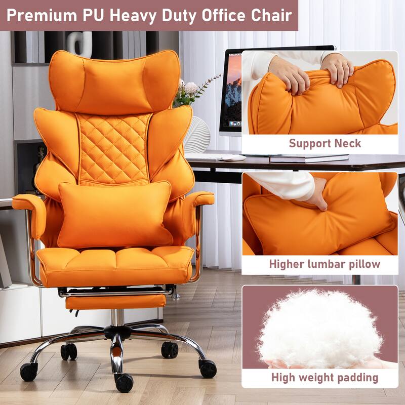 Comfortable Ergonomic Office Chair with Foot Rest, PU Leather Reclining Chair with Adjustable Height Headrest and Waist Lumber