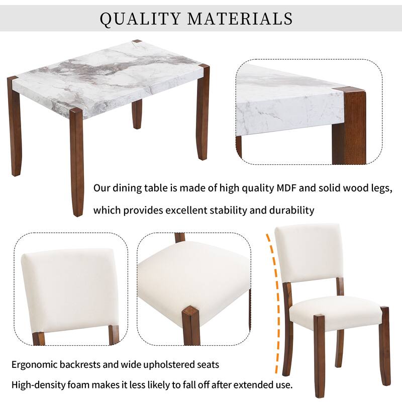 4-Piece Dining Table Set with Faux Marble 46" Table, 2 Upholstered Chairs and Bench for Dining Room or Kitchen