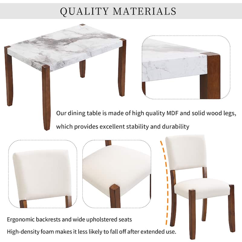 4 Piece Modern Dining Furniture Set Upholstered Dining Chairs Set with Faux Marble Style Table and 2 Upholstered Chairs & Bench