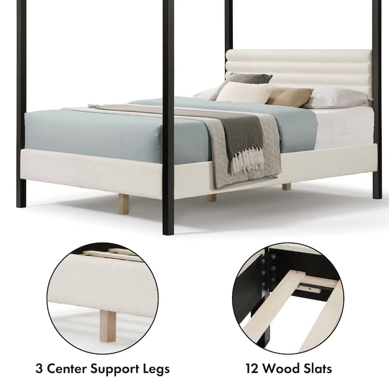 DH Basic Modern Metal Canopy Queen Platform Bed with Channel Tufted Upholstered Headboard by Denhour