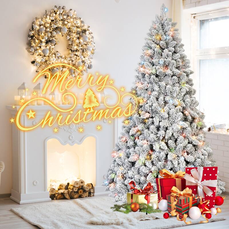 6FT Flocked Christmas Tree with 350 Colorful UL Lights and 36 Natural Pine Cones-888 Snowy PVC Tips, Hinged Branches