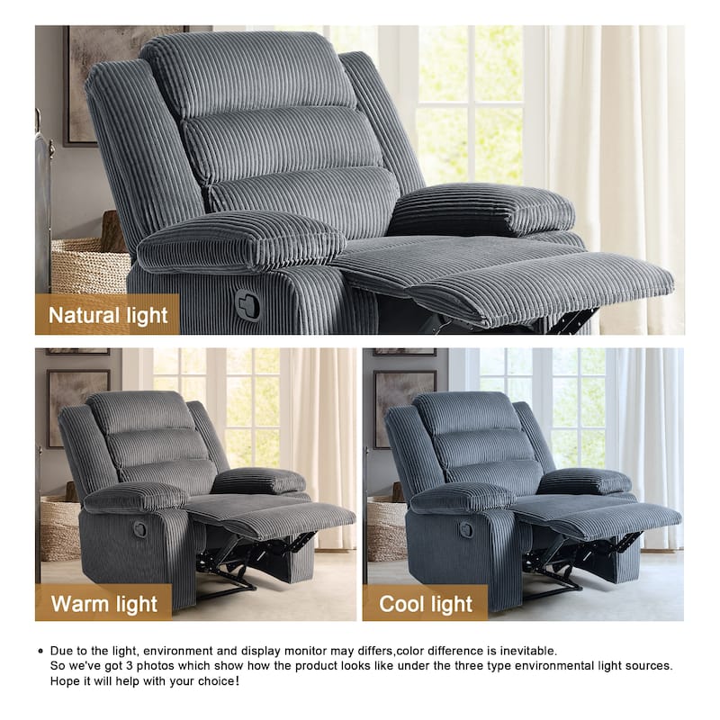Overstuffed Cotton Corduroy Manual Pushback Recliner with Wide Armrest