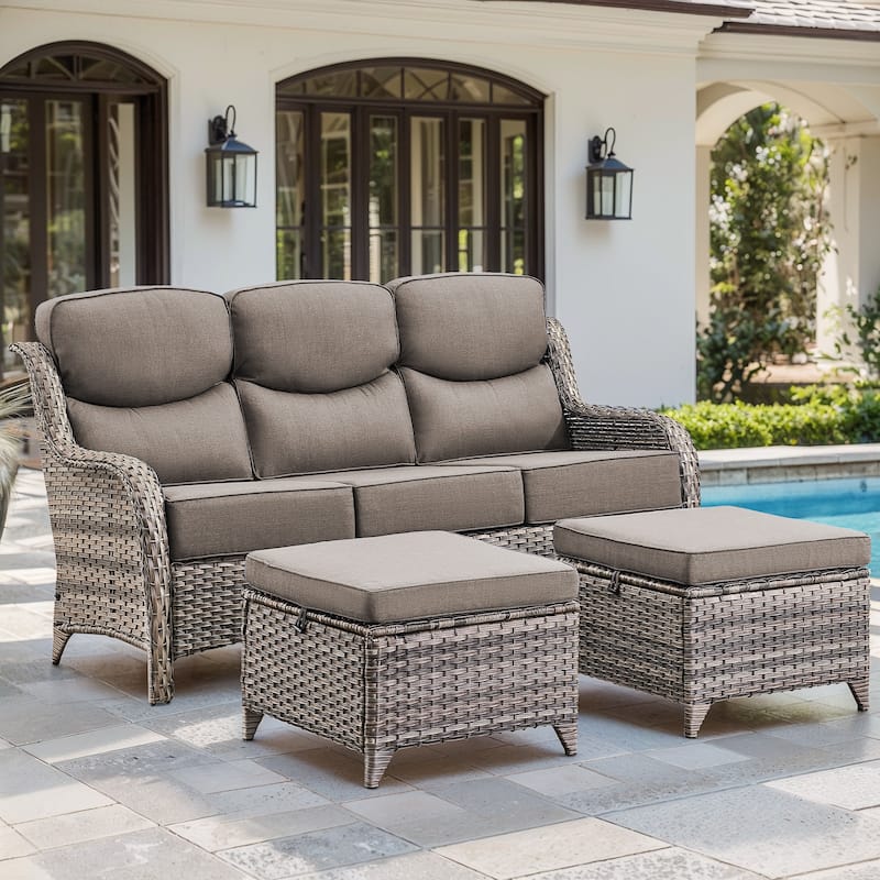 Gymojoy 3-Piece Patio Furniture Sofa Set with Ottomans, 6-Inch Ultra-Plush Cushions & Water-Resistant Olefin Fabric - Grey Wicker / Grey Cusion - 3-Piece