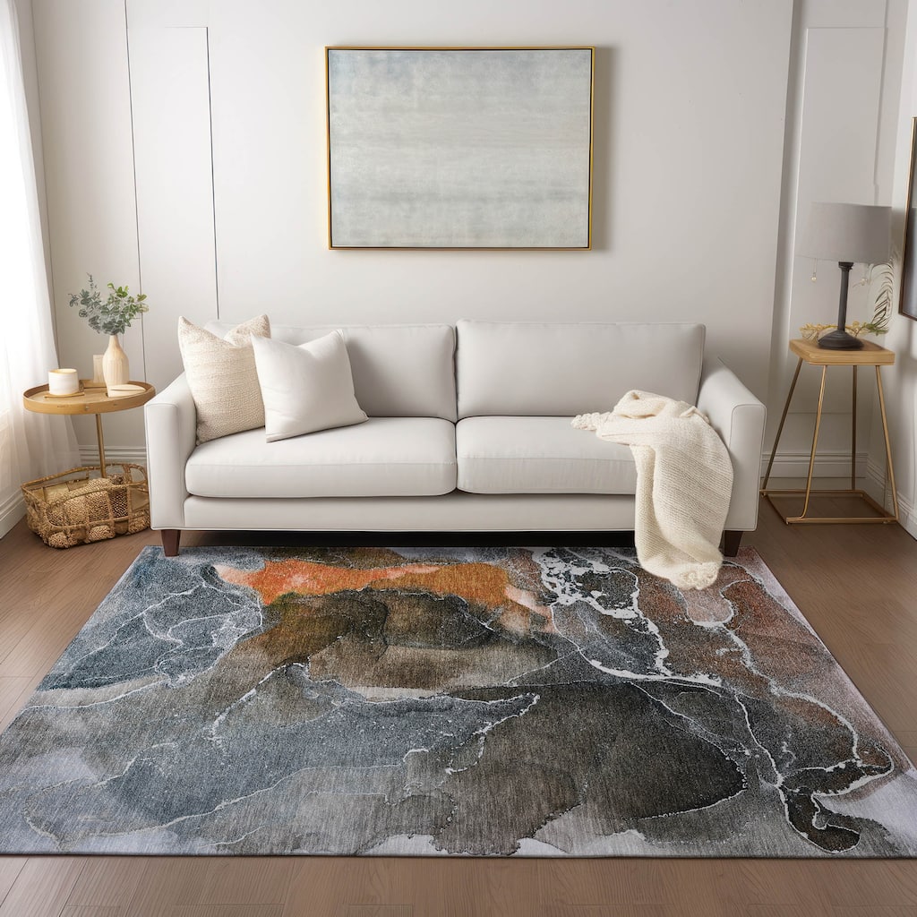 Machine Washable Indoor/ Outdoor Chantille Abstract Orange Rug
