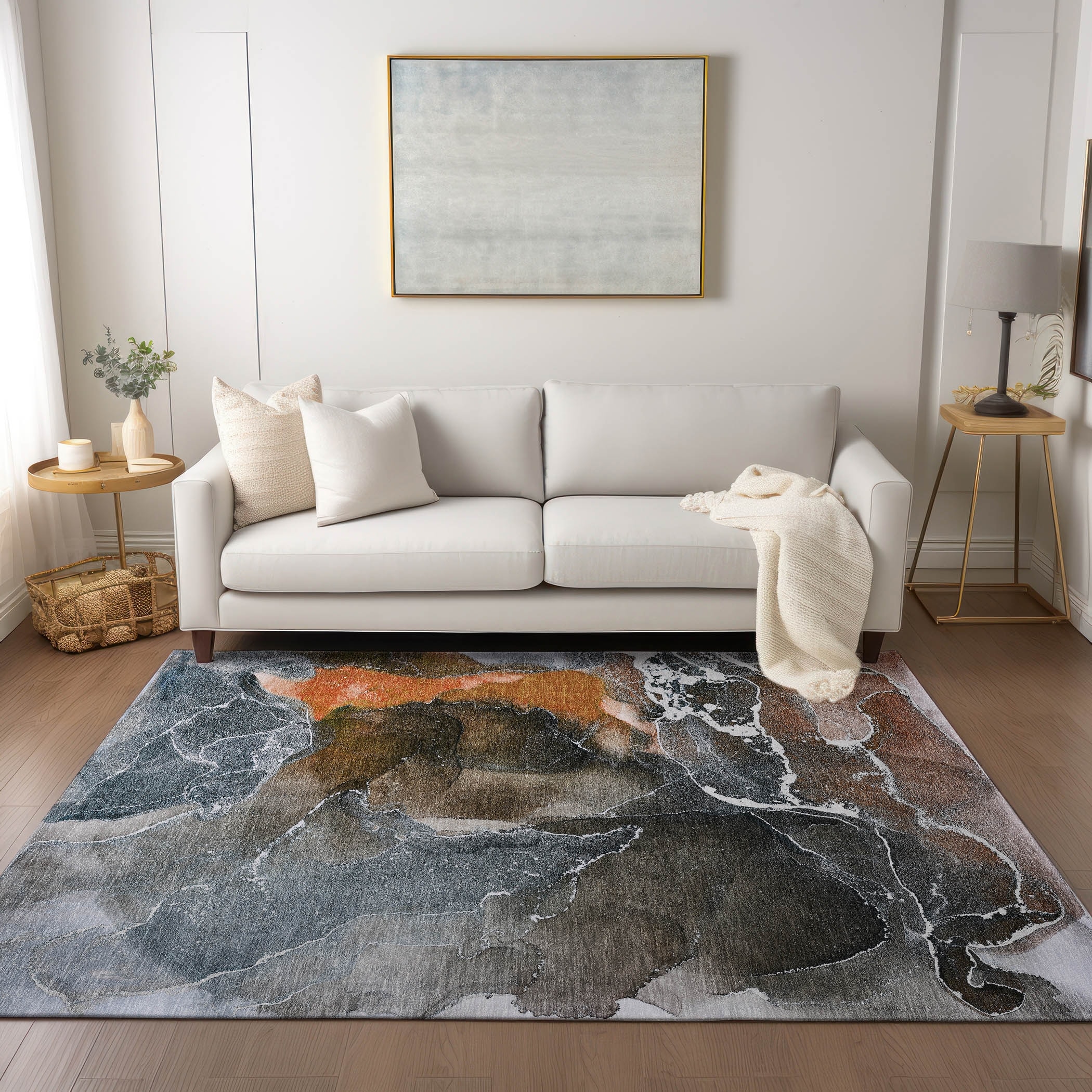 Machine Washable Indoor/ Outdoor Chantille Abstract Orange Rug