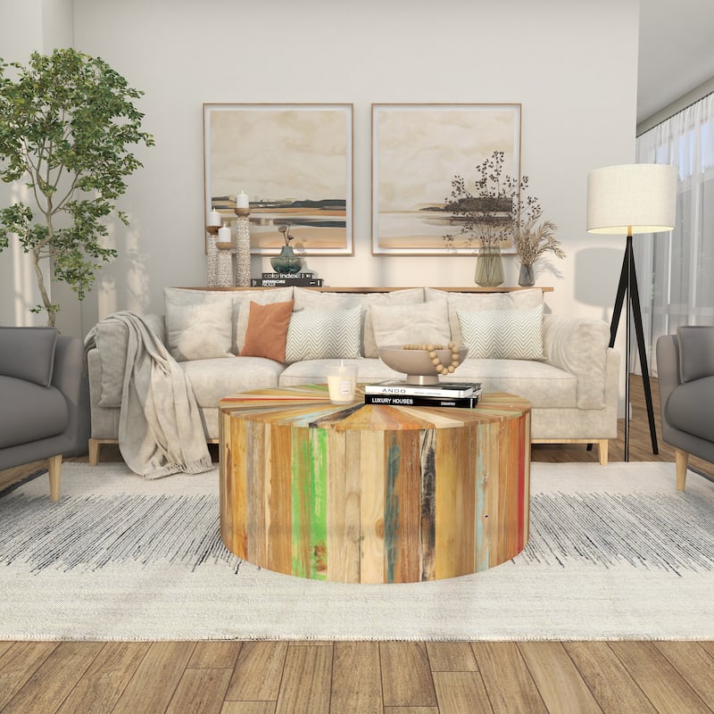 Brown Reclaimed Wood Handmade Pinwheel Drum Geometric Coffee Table with Colorful Painted Accents
