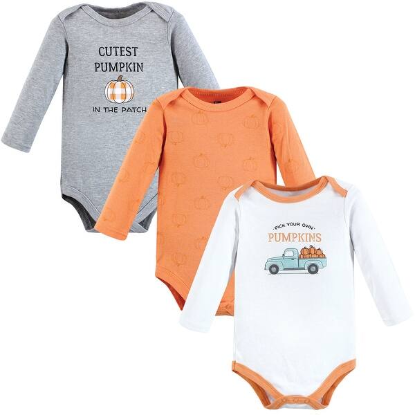 slide 1 of 1, Hudson Baby Infant Boy Cotton Long-Sleeve Bodysuits, Pumpkin Truck 3-Pack 0-3 Months - Pumpkin Truck 3-Pack