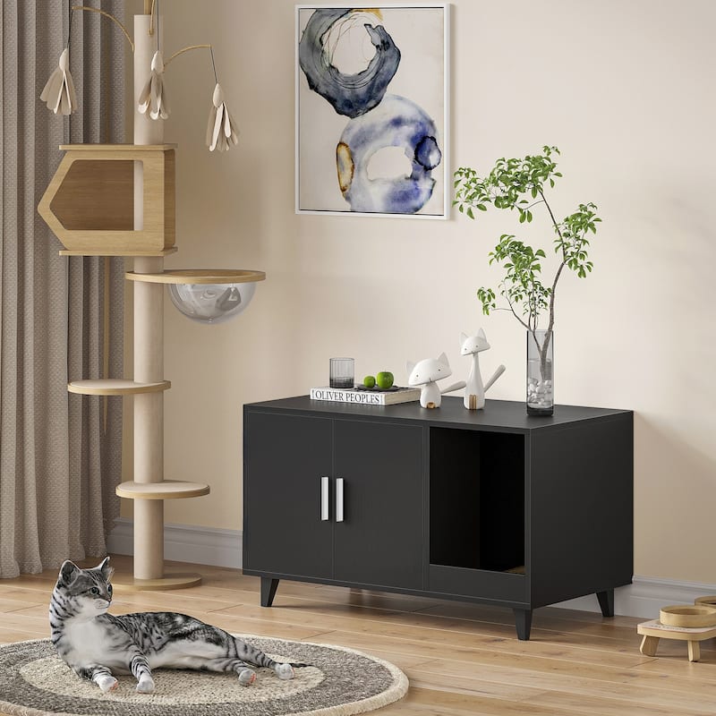 STARY Hidden Cat Litter Box Enclosure Furniture with Scratching Mat