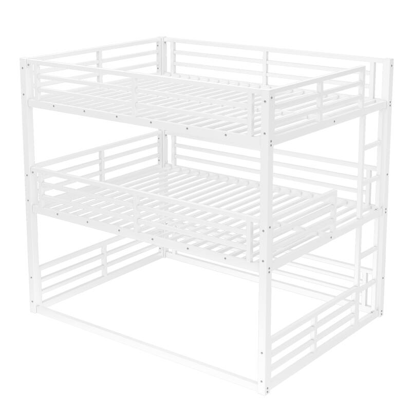Roomfitters Twin/Full/Queen Metal Triple Bunk Bed with Safety Guardrails, Heavy-Duty Noise-Reduced Frame, White