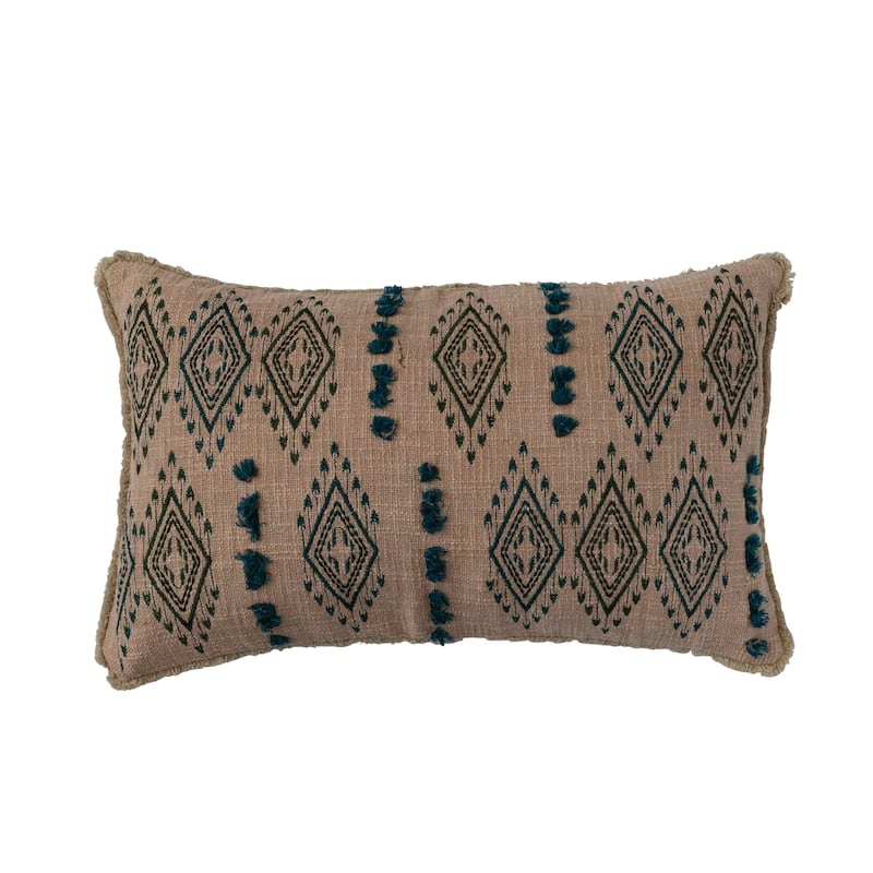 Cotton Lumbar Pillow with Tufted Embroidered Design and Fringe - 24.0"L x 14.0"W x 2.0"H - Multi