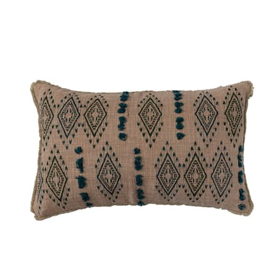 Cotton Lumbar Pillow with Tufted Embroidered Design and Fringe - 24.0"L x 14.0"W x 2.0"H