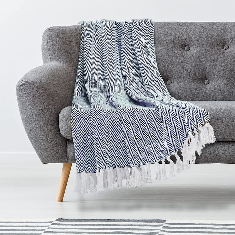 Handwoven Herringbone Cotton Throw Blankets - Rustic Ottoman Throw - Chair Throw Blanket with Fringe- 50"x60"