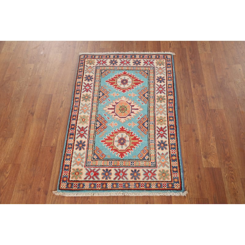 Light Blue Geometric Kazak Oriental Rug Hand-Knotted Wool Carpet - 2'0" x 3'0"