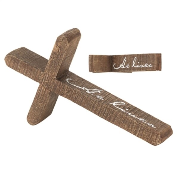 10" Brown and White "HE LIVES" Laying Cross Shaped Tabletop Decor - N/A