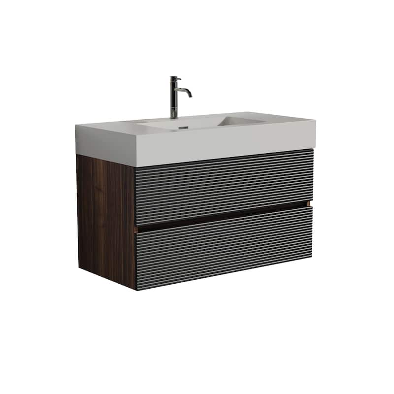 36" Walnut Bathroom Vanity with Engineered Quartz Sink and Soft Black Drawers