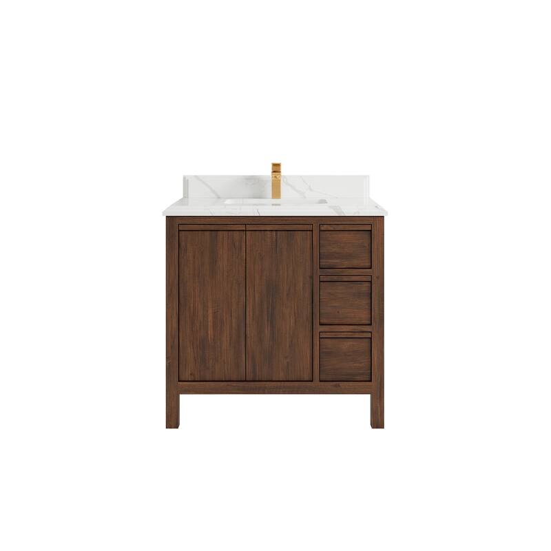 Willow Collections 36 in. W x 22 in. D Elizabeth Solid Teak Wood Center Sink Bathroom Vanity with Countertop - 1.5" Calacatta Laza - Dark Walnut