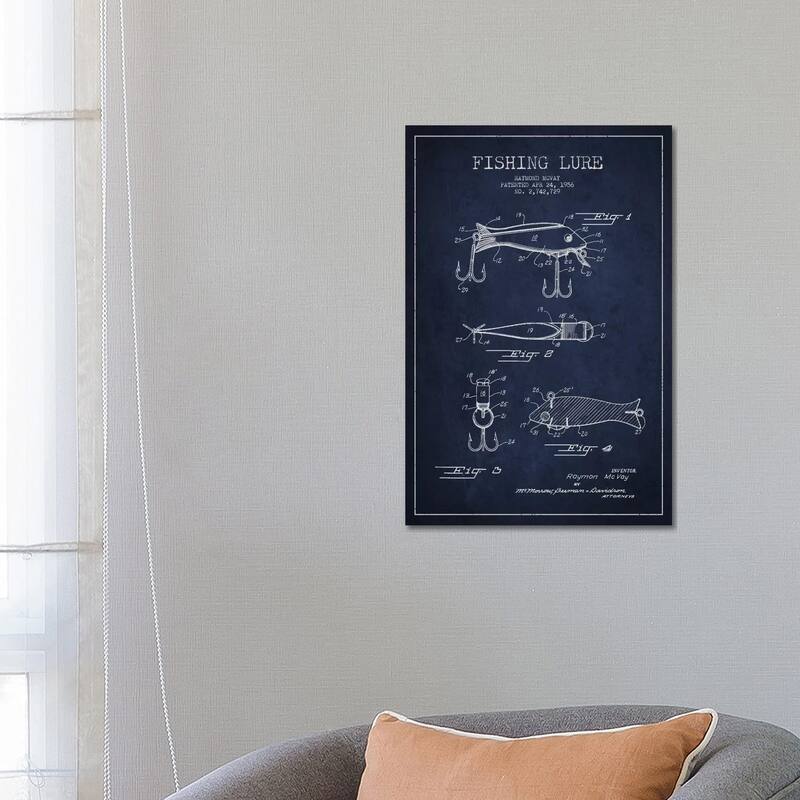iCanvas "Fishing Tackle Navy Blue Patent Blueprint" by Aged Pixel Canvas Print - 26x18x1.5