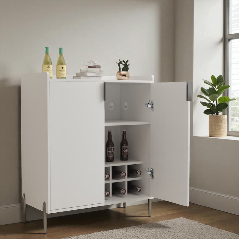 Modern 2-Door Wine Bar Cabinet with Bottle Storage Rack and Adjustable Shelf, Buffet Sideboard for Kitchen or Coffee Bar