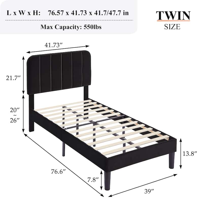 VECELO Velvet Upholstered Bed Frame with Vertical Channel Tufted Headboard, Adjustable Headboard, Wooden Slats Support