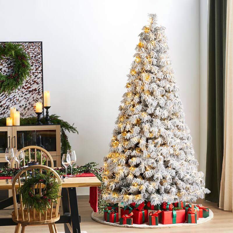 Glitzhome 6FT/7.5FT/9FT/11FT Snow Flocked Pre-lit Artificial Fir Christmas Trees
