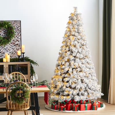 Glitzhome 7.5ft/9ft Pre-Lit Flocked Full Spruce Artificial Christmas Tree with C3 Lights Foot Switch