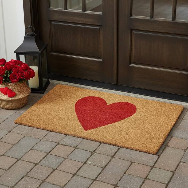 HomeRoots 30" X 48" Brown And Red Heart Outdoor Coir Door Mat - 30.00' X '48.00 - 30.00' X '48.00