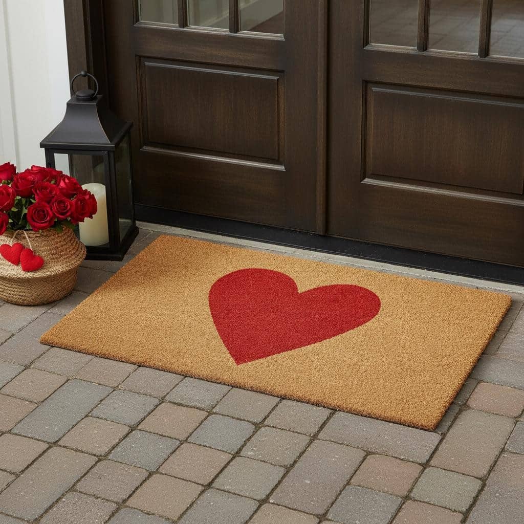 HomeRoots 30" X 48" Brown And Red Heart Outdoor Coir Door Mat - 30.00' X '48.00