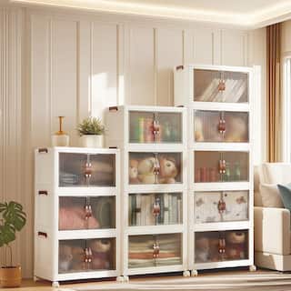 White Stackable 3/4/5-Tier Storage Bins with Wheels & Magnetic Doors Multi-Purpose Storage Cabinet for Living Room Bedroom
