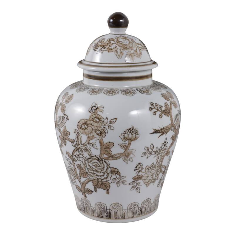 Stoneware Jar Chinoiserie Floral Bird Design Home Office - 12" Brown