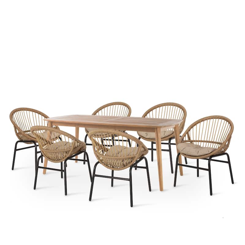 Marten Outdoor Outdoor Wicker and Acacia Wood 7 Piece Dining Set with Cushion by Christopher Knight Home