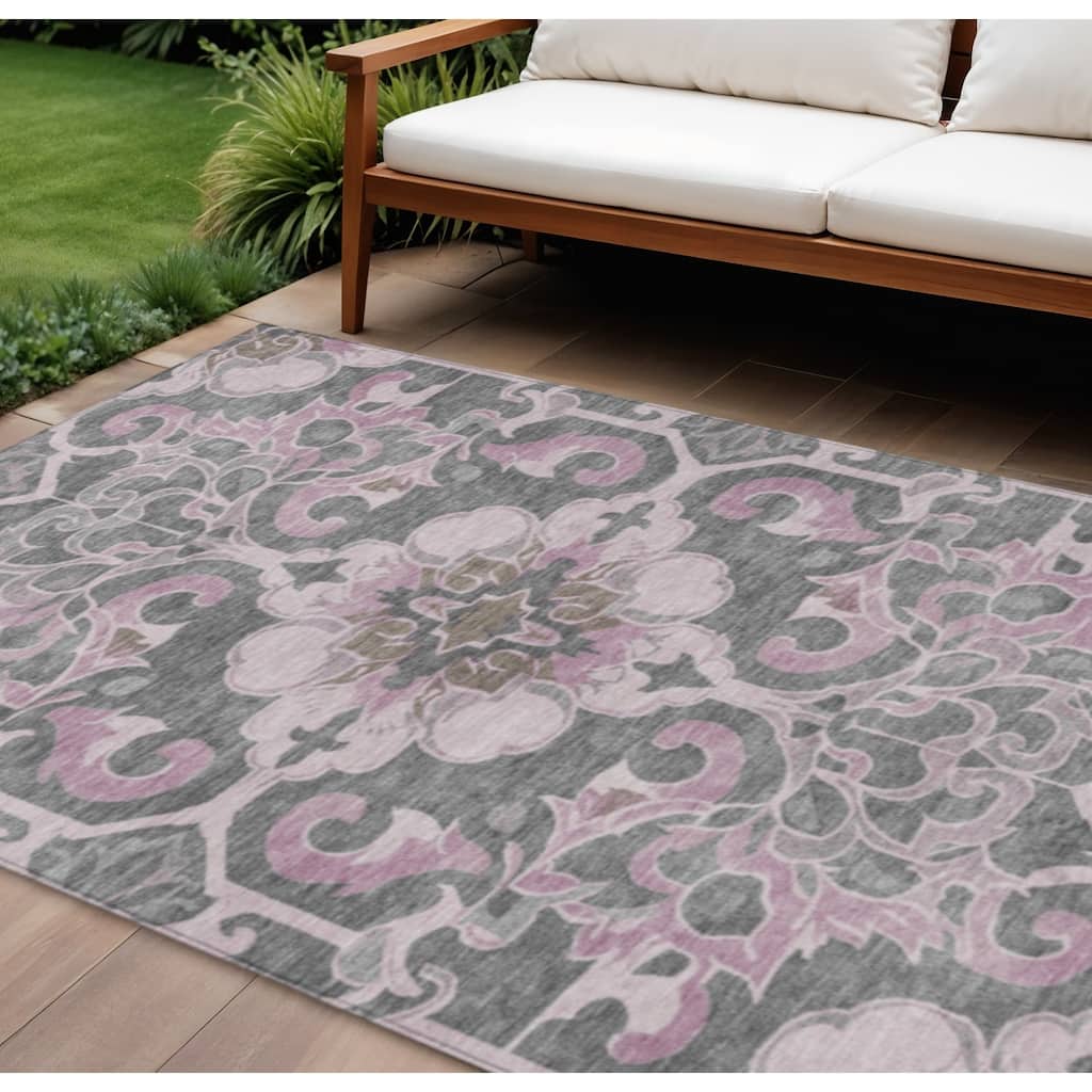 HomeRoots Damask Traditional Rectangle Outdoor Rug