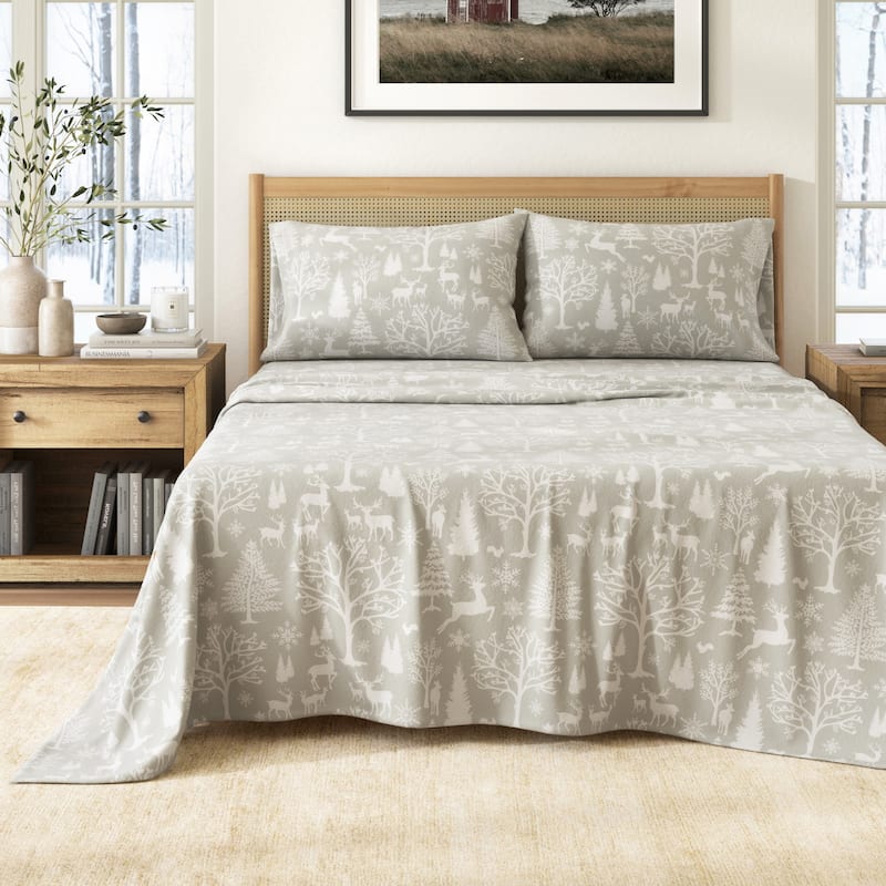 Linery & Co. Winter Turkish Cotton Double-Brushed Flannel Bed Sheet Set - California King - Enchanted Woods - Grey