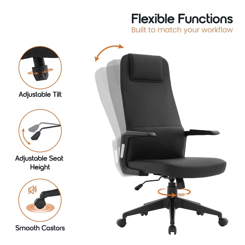 Nexa Ergonomic Leather/Polyester High-Back Office Chair with Padded Headrest, Adjustable Height, Swivel, and Smooth Casters