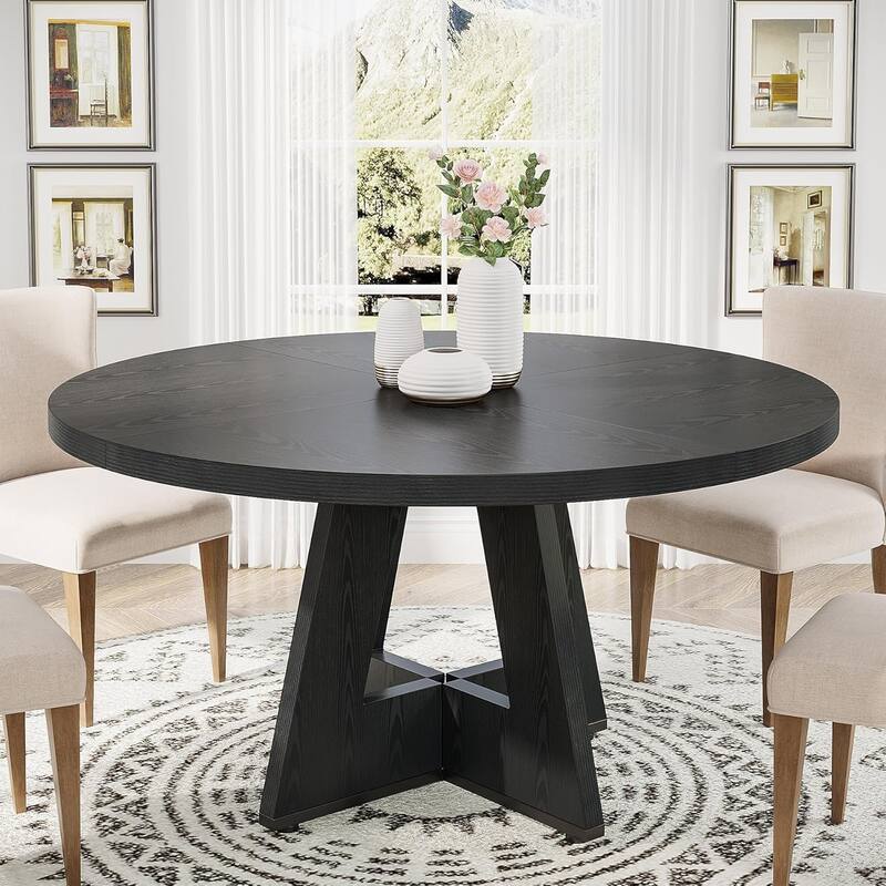 47" Round Farmhouse Dining Table -Wood Kitchen Table for 4, Cross Base Wooden Dinner Table for Dining Room, Breakfast Nook - Black