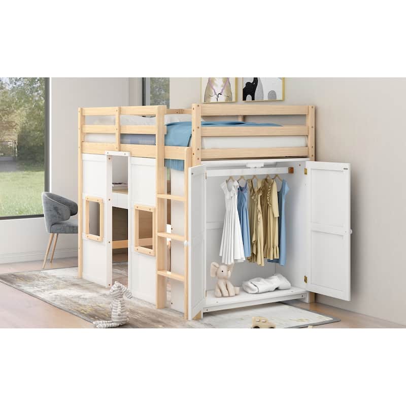 Wood Twin Size Loft Bed with Built-in Storage Wardrobe and 2 Windows w/Full-Length Guardrails, No Boxing Spring Needed