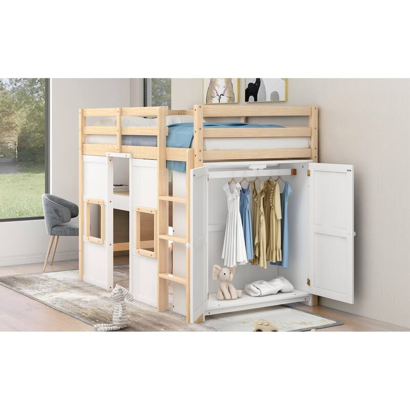 Wood Twin Size Loft Bed with Built-in Storage Wardrobe and 2 Windows