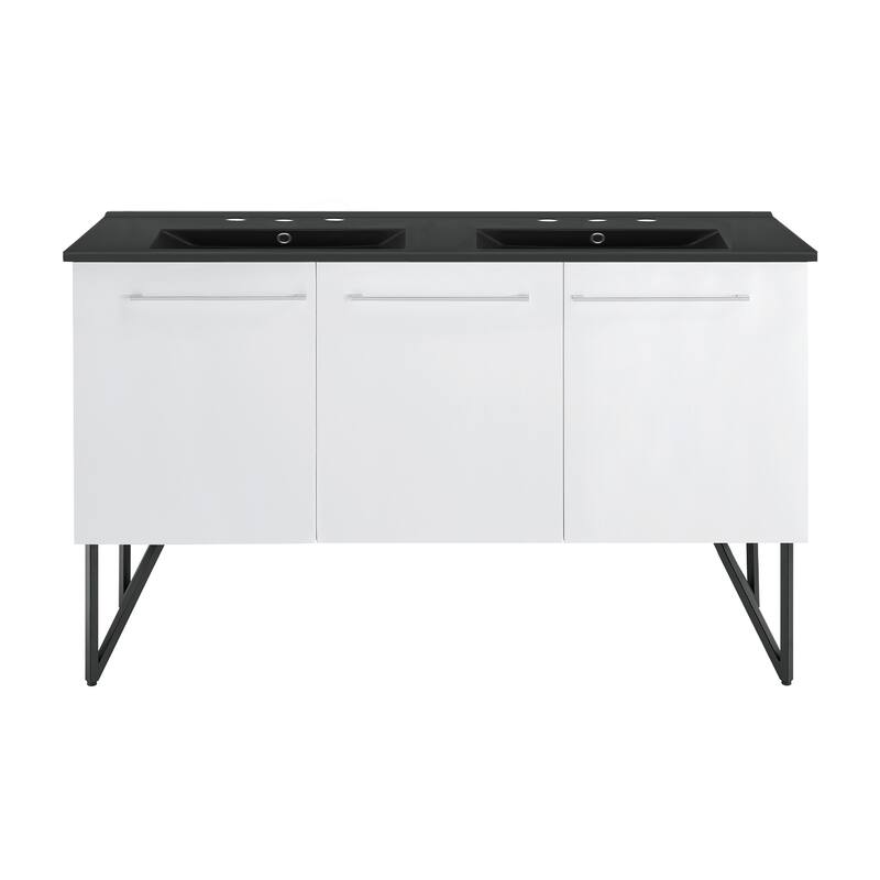 Annecy 60 In. White, Double Basin Bathroom Vanity With Black, 3-Hole ArtificialStone Sink Top