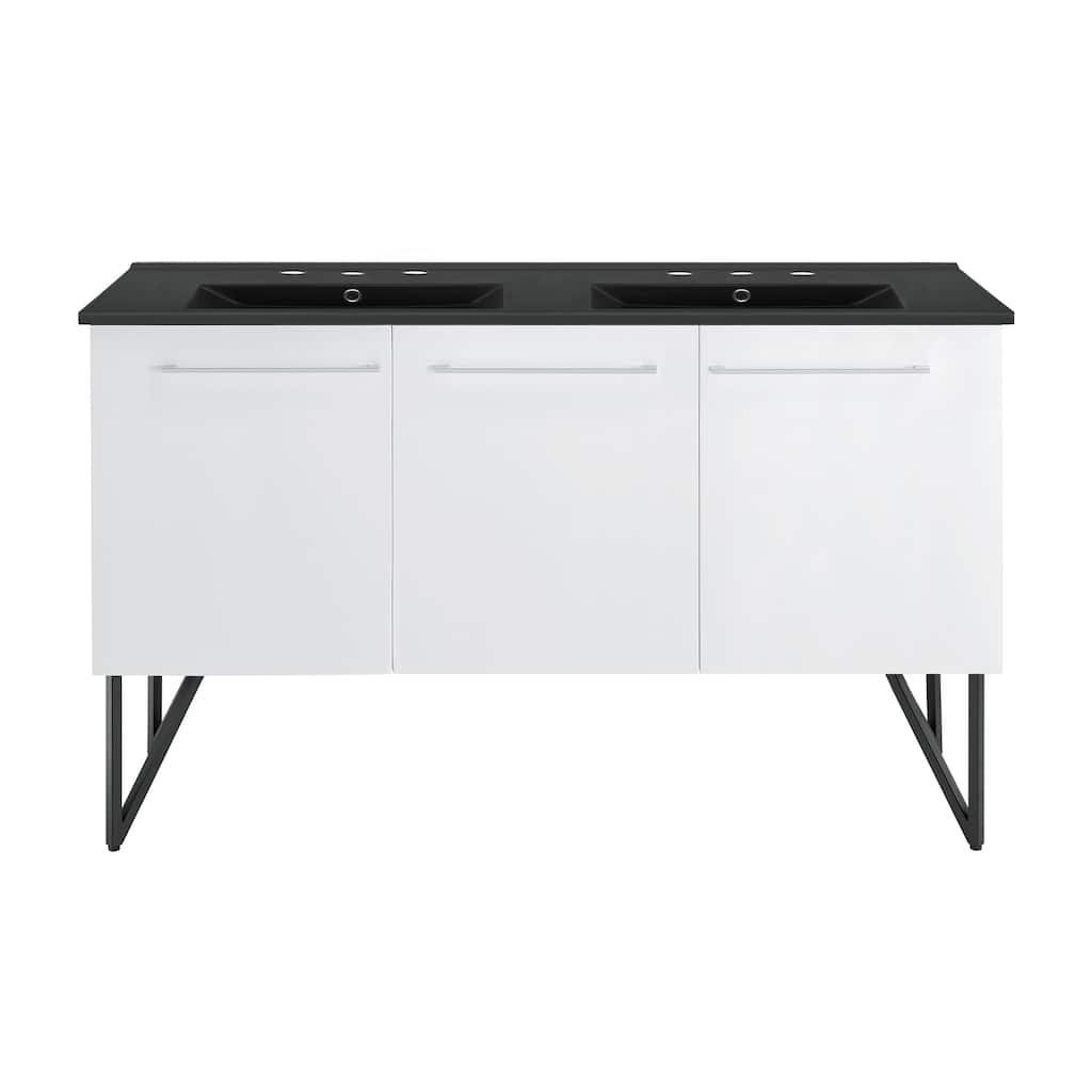 Annecy 60 In. White, Double Basin Bathroom Vanity With Black, 3-Hole ArtificialStone Sink Top