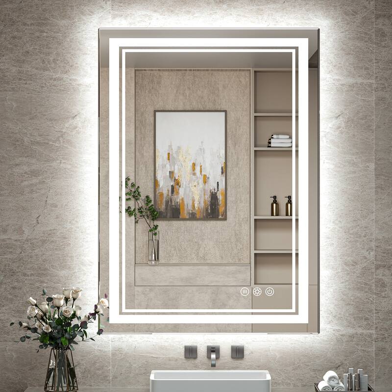 Keonjinn Rectangular Front Light & Backlit,LED Bathroom Vanity Mirror, 3 Color Temperatures, Anti Fog - 24''x36''
