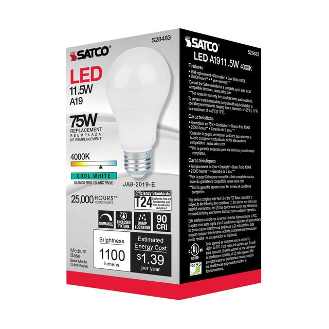 11.5 Watt A19 LED 90CRI 4000K Medium base 220 deg. Beam Angle 120 Volt 1100 Lumens CEC - White