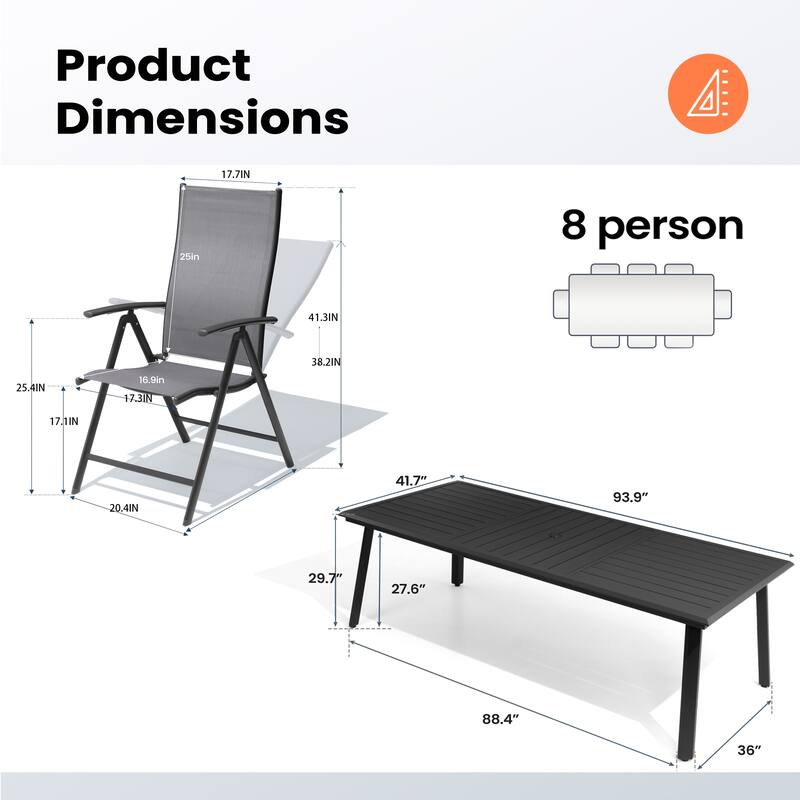 Outdoor Aluminum Dining Table with Umbrella Hole with Durable Adjustable Reclining Folding Chair