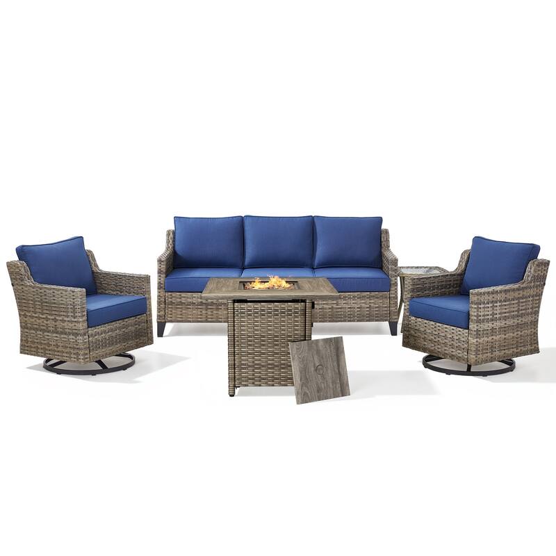 Pocassy 5-Piece Outdoor Sofa Siwvel Chair w/ Fire Pit Table