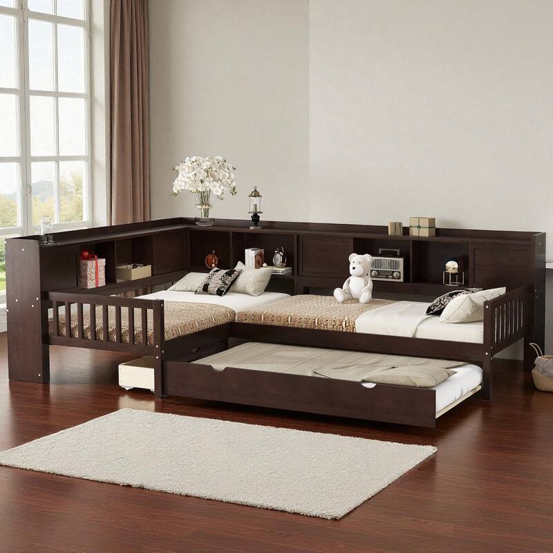 L-Shaped Twin Platform Bed with Trundle, Solid Wood Corner Bed Frame with Drawers and Shelves, No Box Spring Needed
