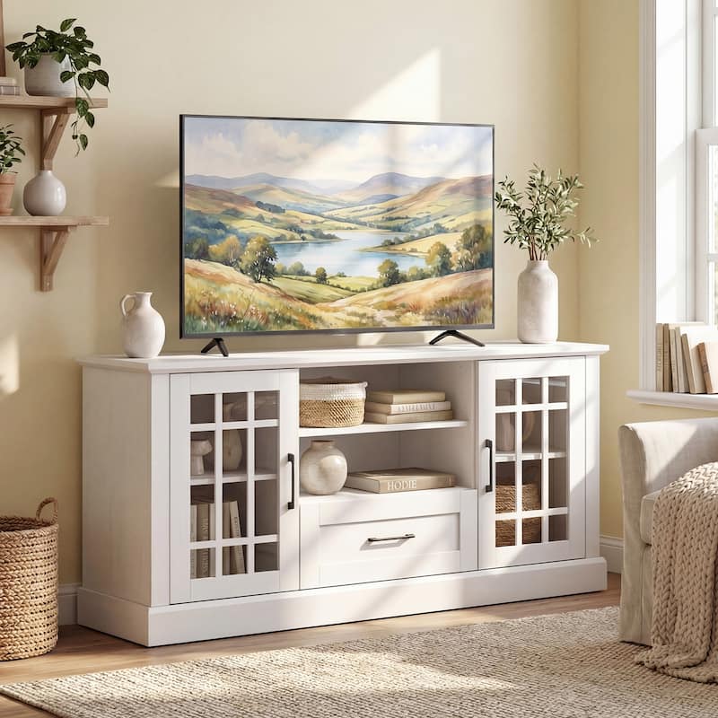 Gymax Farmhouse TV Stand for TVs up to 70'' Media Center w/Glass Doors