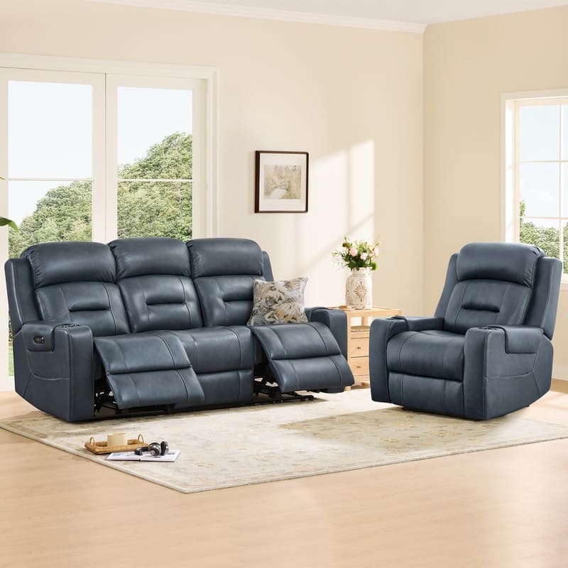 Spruce & Spring Genuine Leather Power Reclining Sofa with Wireless Charging