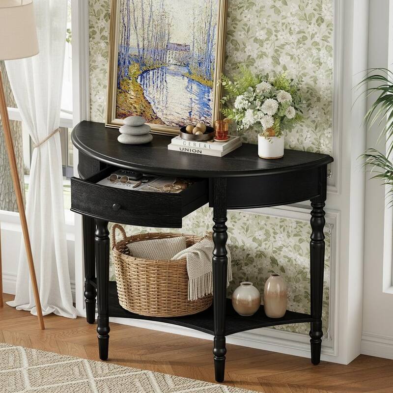 Half-Moon Farmhouse Console Table with Drawer & Shelf by Harper&Bright Designs